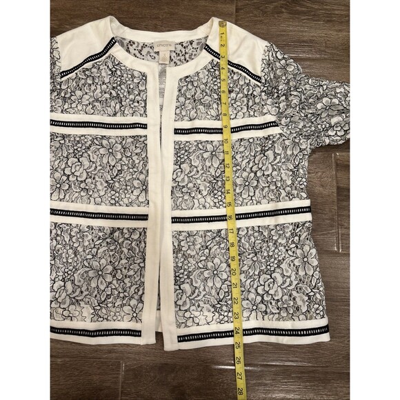 Chicos Size 3 Black & White Lace Blazer Open Front Sheer - Picture 5 of 8